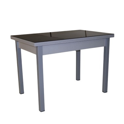 Mesa retangular cinza com tampo preto brilhante
