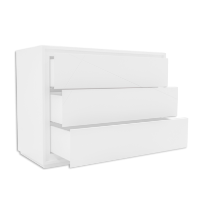 Cômoda branca com três gavetas abertas