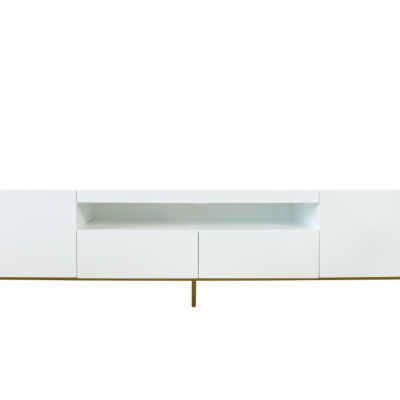 Móvel baixo branco com pernas douradas