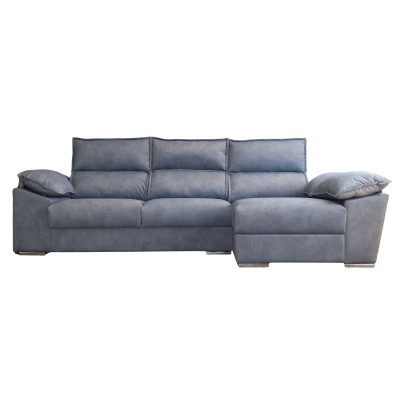 Sofá chaise longue azul cinzento de tecido com braços almofadados