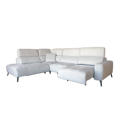 Sofá modular cinzento claro em tecido com pernas pretas e almofada