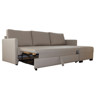 sofá-cama cinza claro com assento extensível e três almofadas