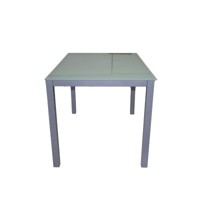 Mesa quadrada de metal cinza com tampo de vidro fosco verde claro