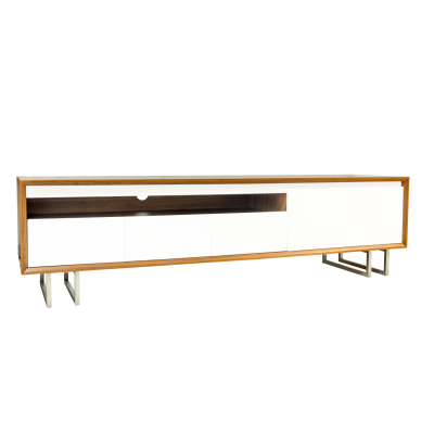 Móvel de apoio retangular em madeira com gavetas brancas e pés metálicos