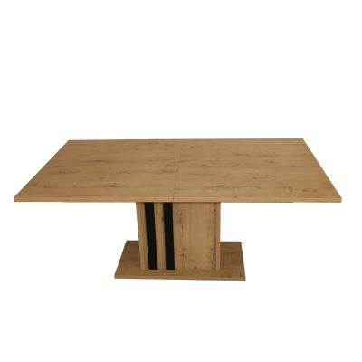 Mesa de jantar de madeira clara com base retangular e duas faixas pretas