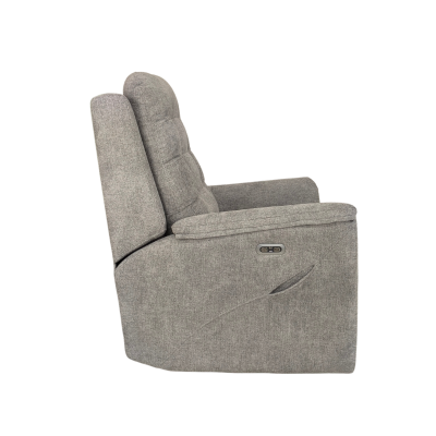 Poltrona reclinável cinza de tecido macio com comandos elétricos laterais