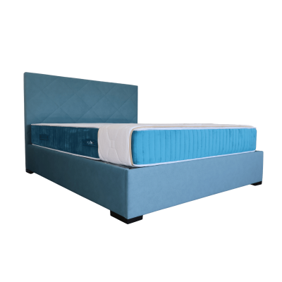 Cama azul com colchão azul e cabeceira acolchoada