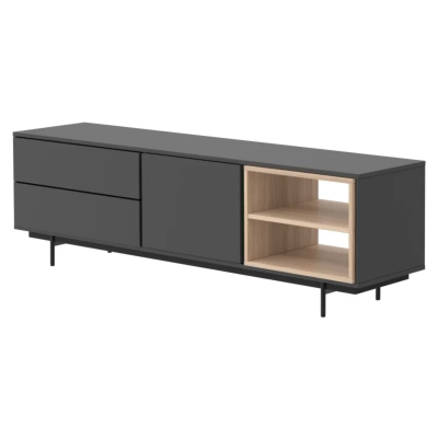 Móvel de sala preto com compartimento em madeira clara, gavetas e porta