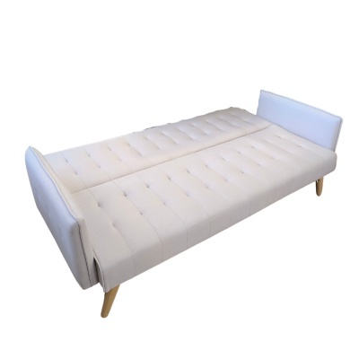 sofá cama estofado bege com pés em madeira