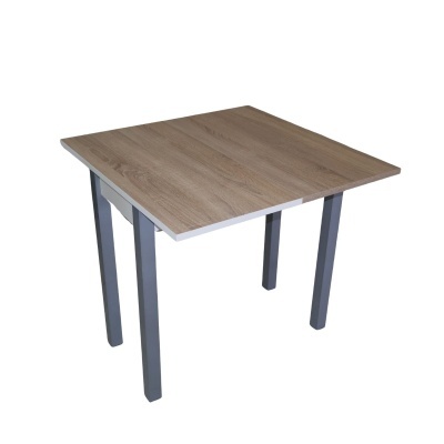 Mesa quadrada com tampo em madeira clara e pernas cinza escuro