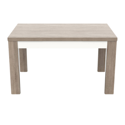 Mesa retangular com tampo e pernas em madeira castanho clara e estrutura branca