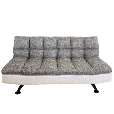 Sofá cama cinzento com textura e pernas pretas inclinadas