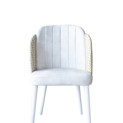 Cadeira cinza claro com lados amarelos e brancos e pernas brancas