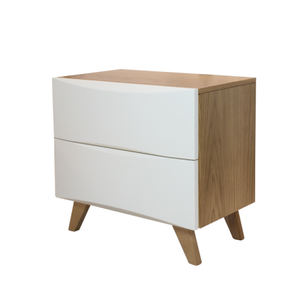 Cómoda de madeira clara com duas gavetas brancas e pernas inclinadas