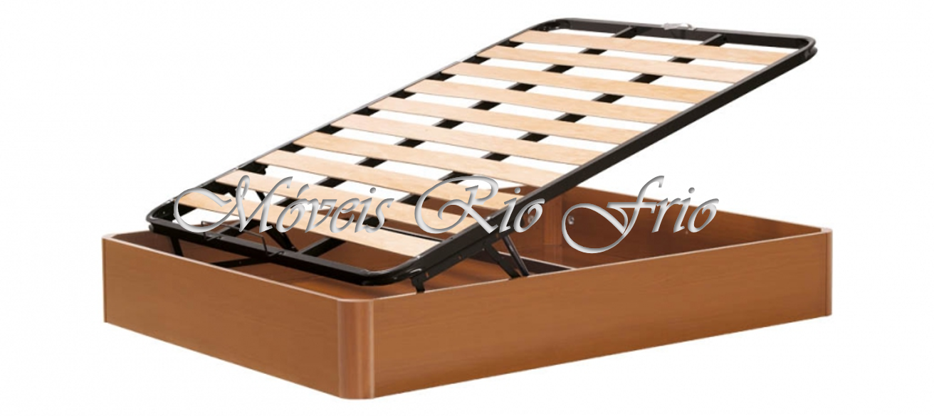 Base de cama com estrutura em madeira e ripas com sistema de elevação