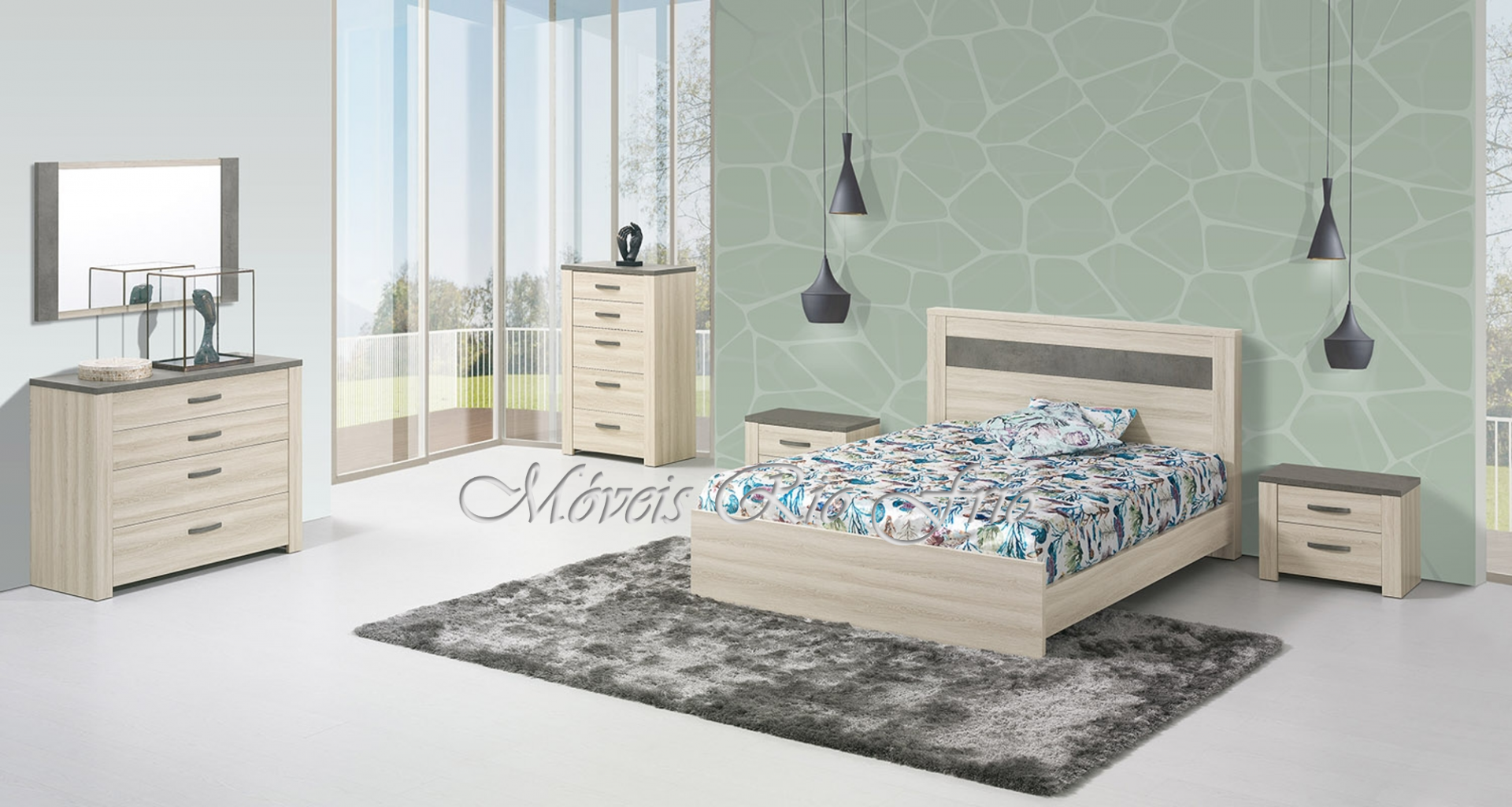 Conjunto de mobiliário de quarto moderno em madeira clara com vários móveis e tapete cinza
