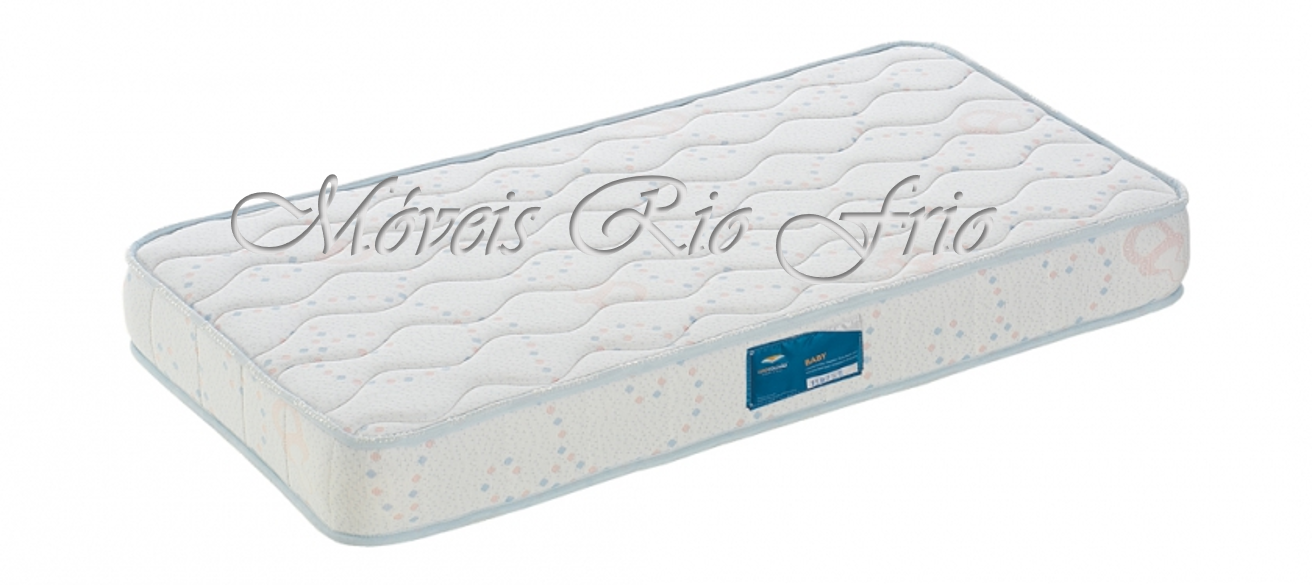 Colchão branco com costura cinzenta e padrão ondulado com etiqueta azul