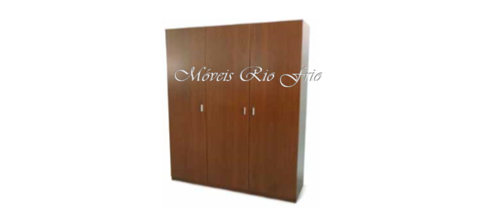 Armário de madeira castanha com três portas e puxadores brancos