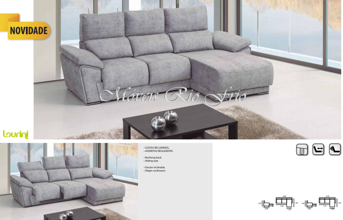 Sofá cinza claro de tecido com chaise longue numa sala moderna