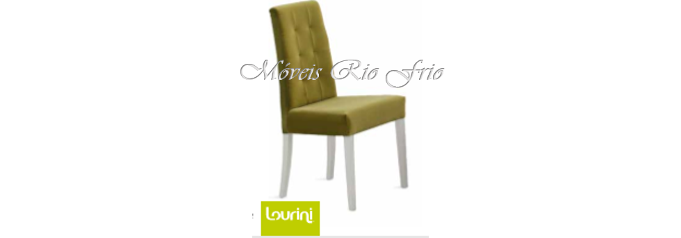 Cadeira verde com pernas brancas, fundo branco, texto 'Móveis Rio Aru' e logótipo 'lourie'.