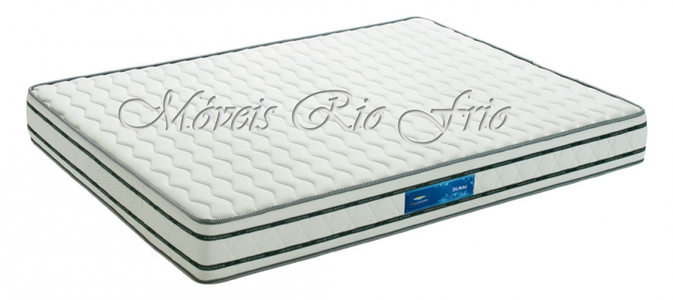 Colchão branco com padrão de matriz de bolhas e etiqueta azul Monais Rio Frio