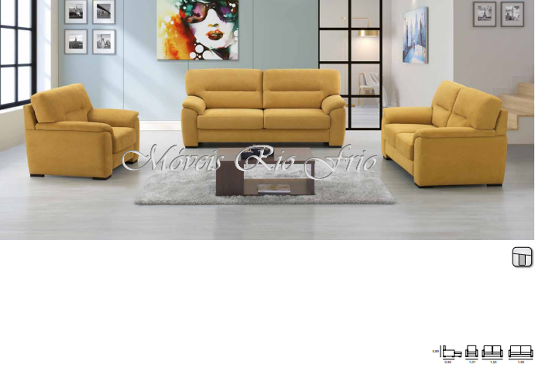 Conjunto de sofás amarelos com mesa de centro e decoração de parede