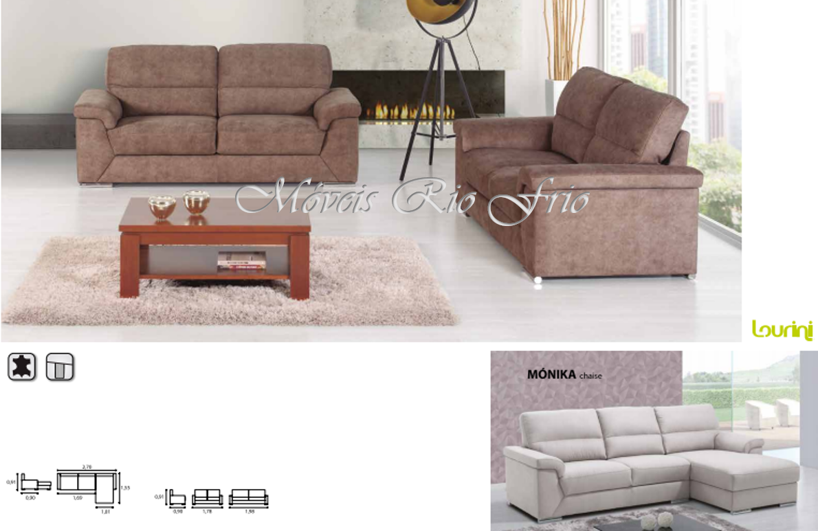 Sofás castanhos em sala com mesa de centro e tapete, esquema técnico e sofá branco MÓNIKA classic.