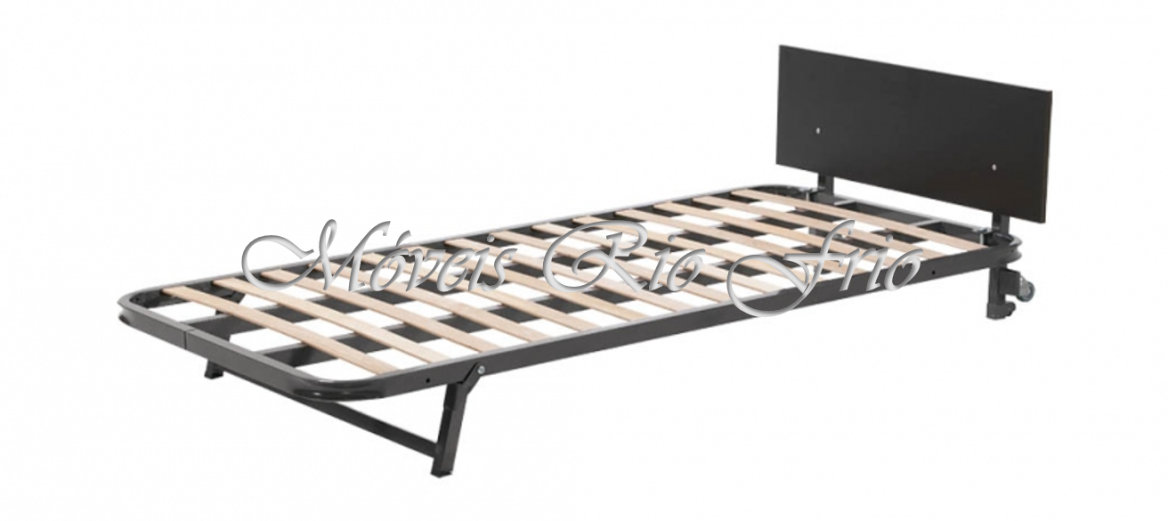 Estrado de cama metálico preto com ripas de madeira e cabeceira preta