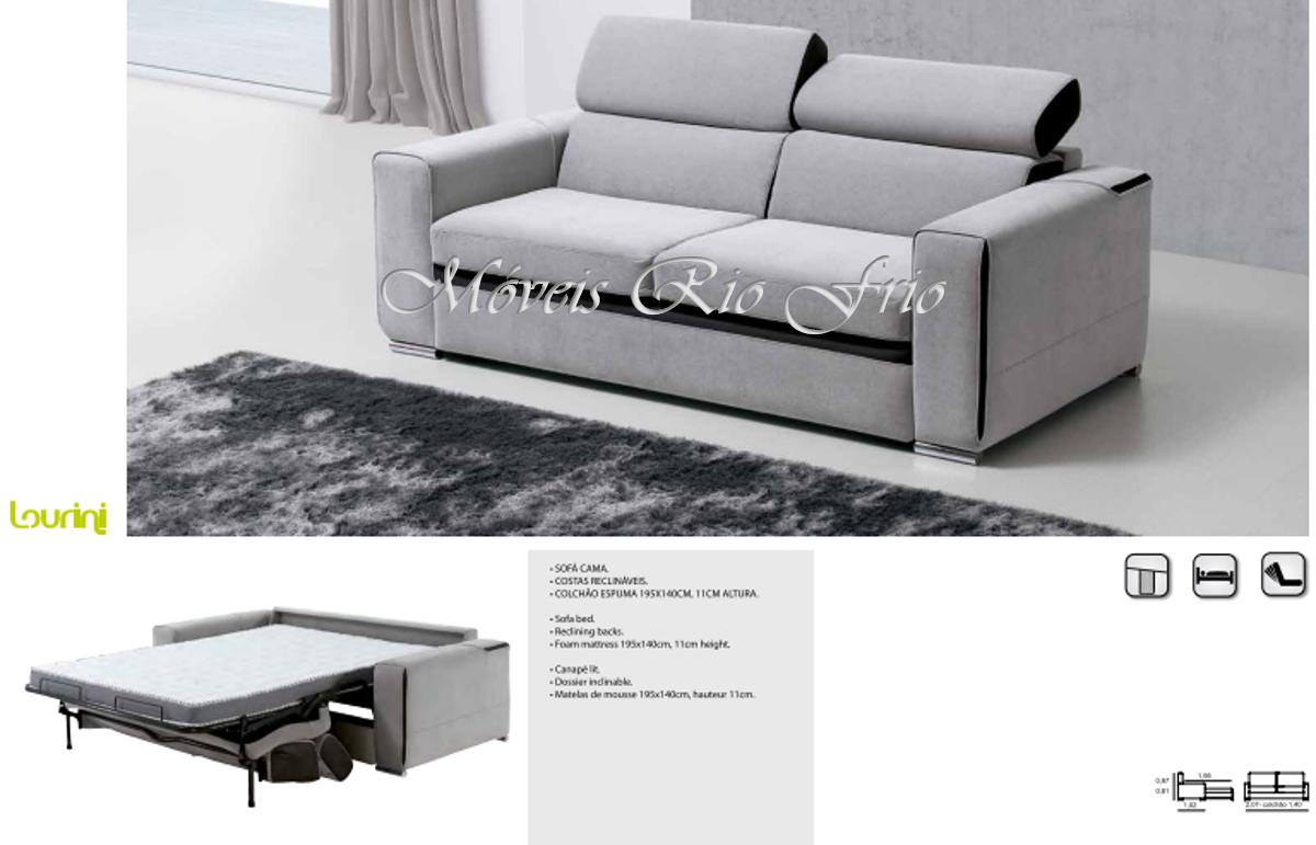 Sofá cinza com encostos ajustáveis e extensão para cama