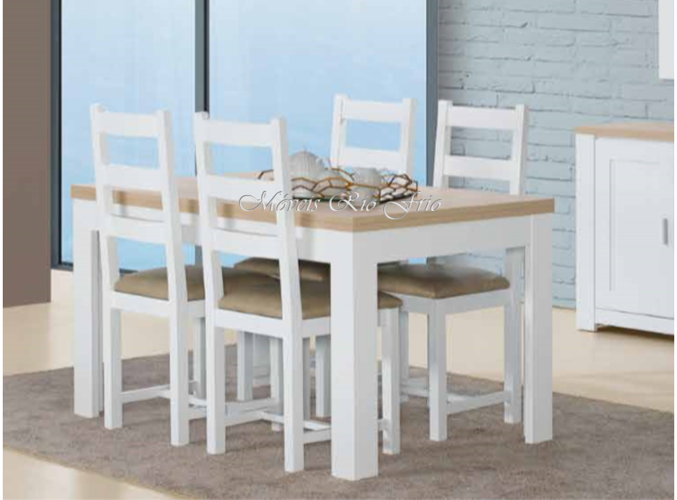 Conjunto de mesa de jantar com quatro cadeiras brancas e assentos estofados castanhos