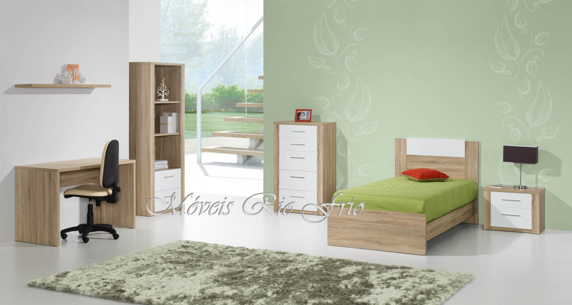 Quarto moderno com móveis em madeira clara e branco, cama, secretária, e cadeira de escritório