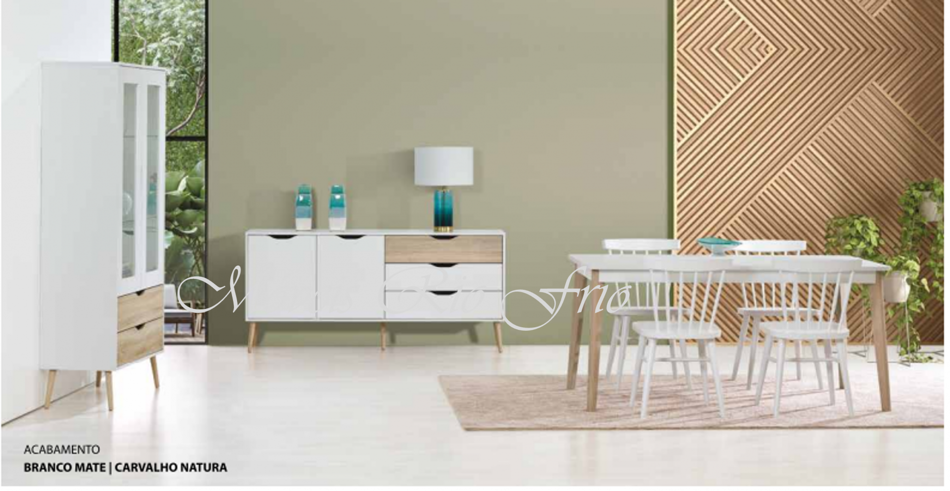 Conjunto de móveis para sala de jantar com aparador, mesa e cadeiras em branco mate e carvalho natura