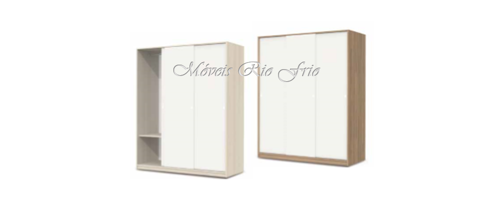 Dois roupeiros em madeira clara e branco com portas e nichos abertos.