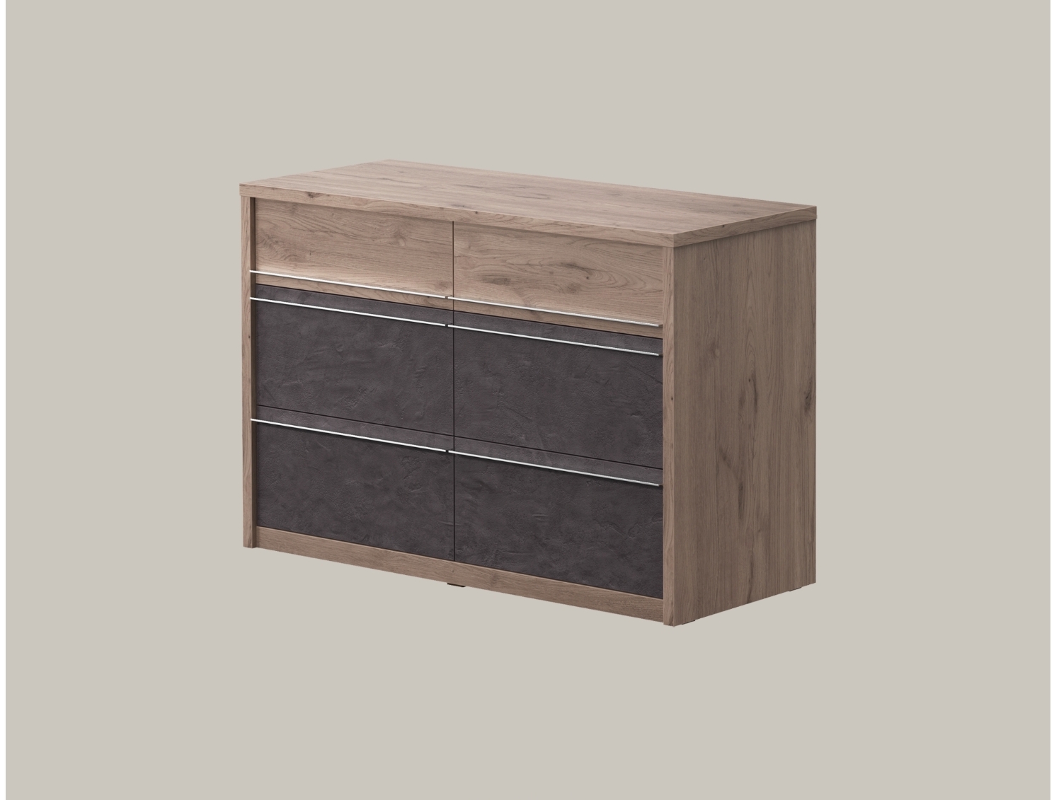 Cômoda de madeira castanha clara com seis gavetas cinza