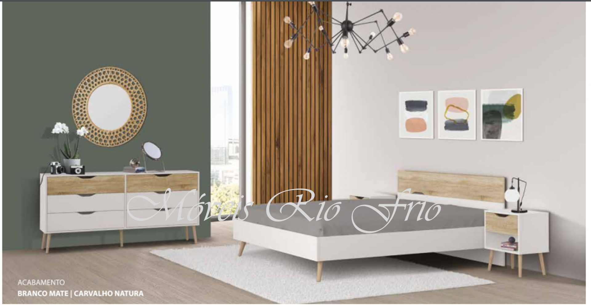 Quarto com móveis de madeira clara, espelho redondo com moldura de cestaria e decoração moderna