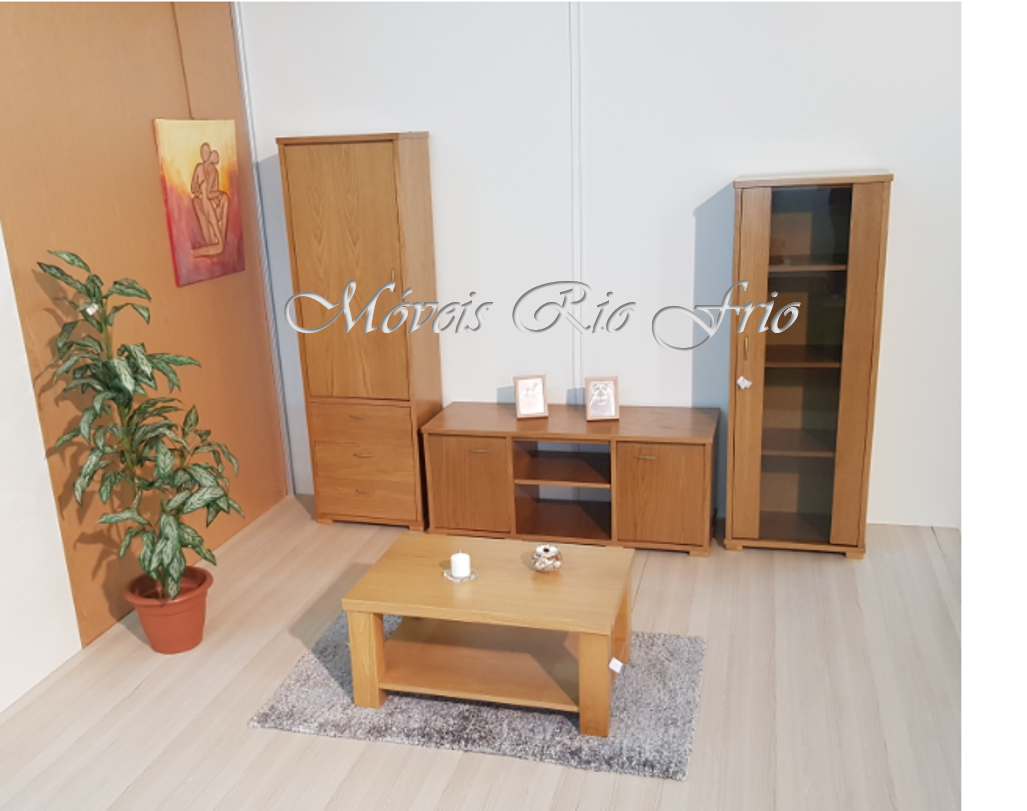 Conjunto de móveis de madeira clara com mesa de centro, estante, vitrine, planta em vaso, tapete cinza e quadro na parede