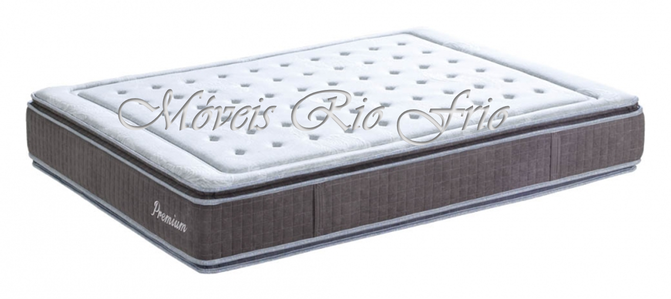 Colchão branco acolchoado com laterais cinza escuro e etiqueta Premium.