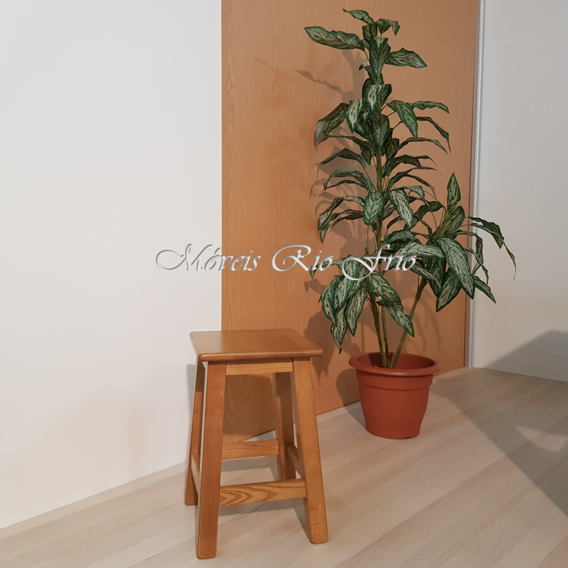 Banco de madeira clara ao lado de planta verde em vaso castanho sobre chão de madeira clara