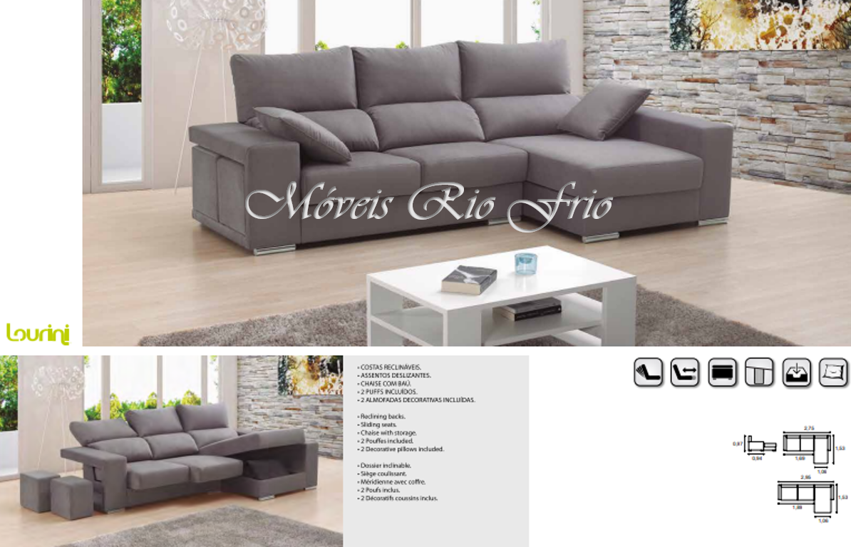 Sofá cinzento chaise longue em sala com mesa branca e parede decorada