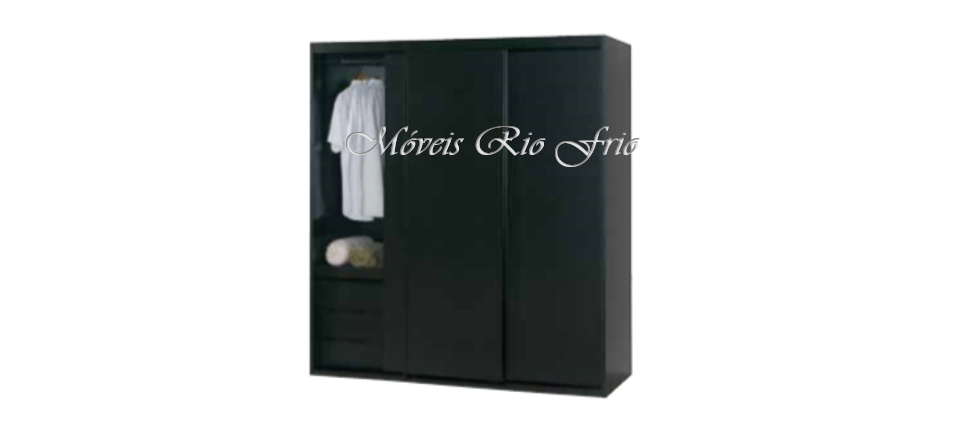 Roupeiro preto de três portas com camisa branca pendurada e texto Móveis Rio Frio