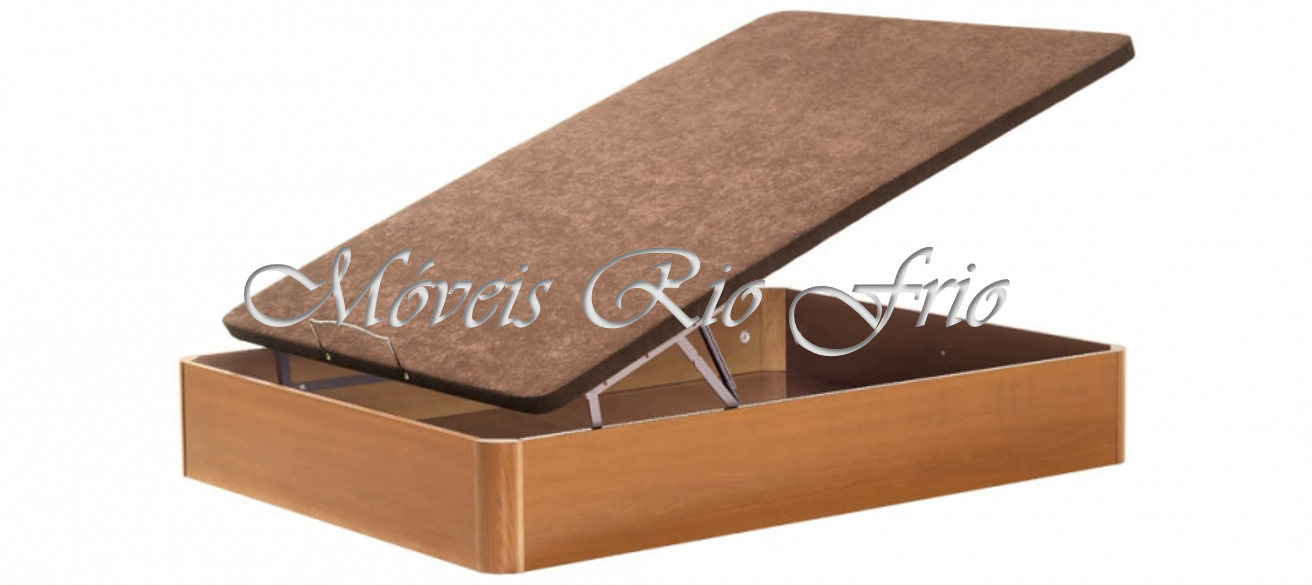 Caixa de arrumação de madeira com tampo estofado castanho aberta