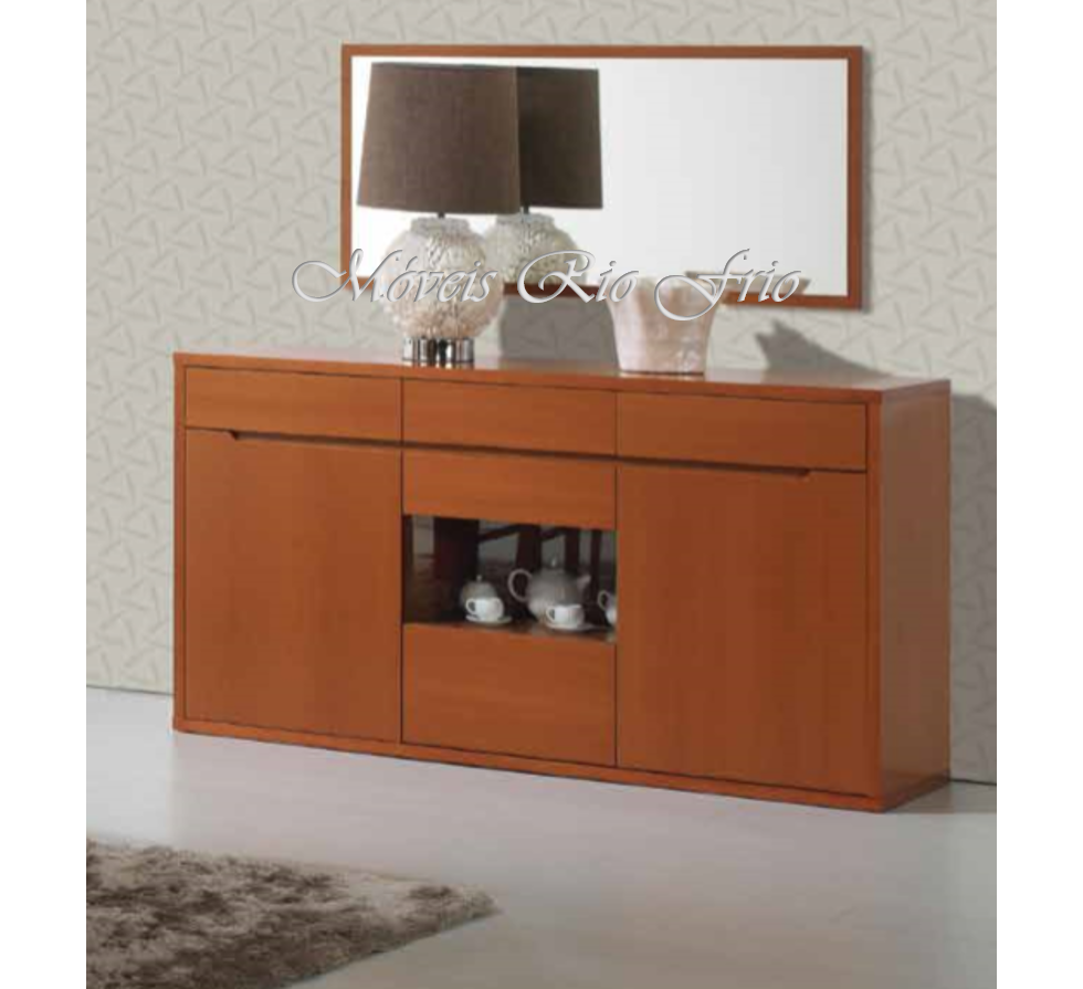 Aparador de madeira castanha com espelho e candeeiro