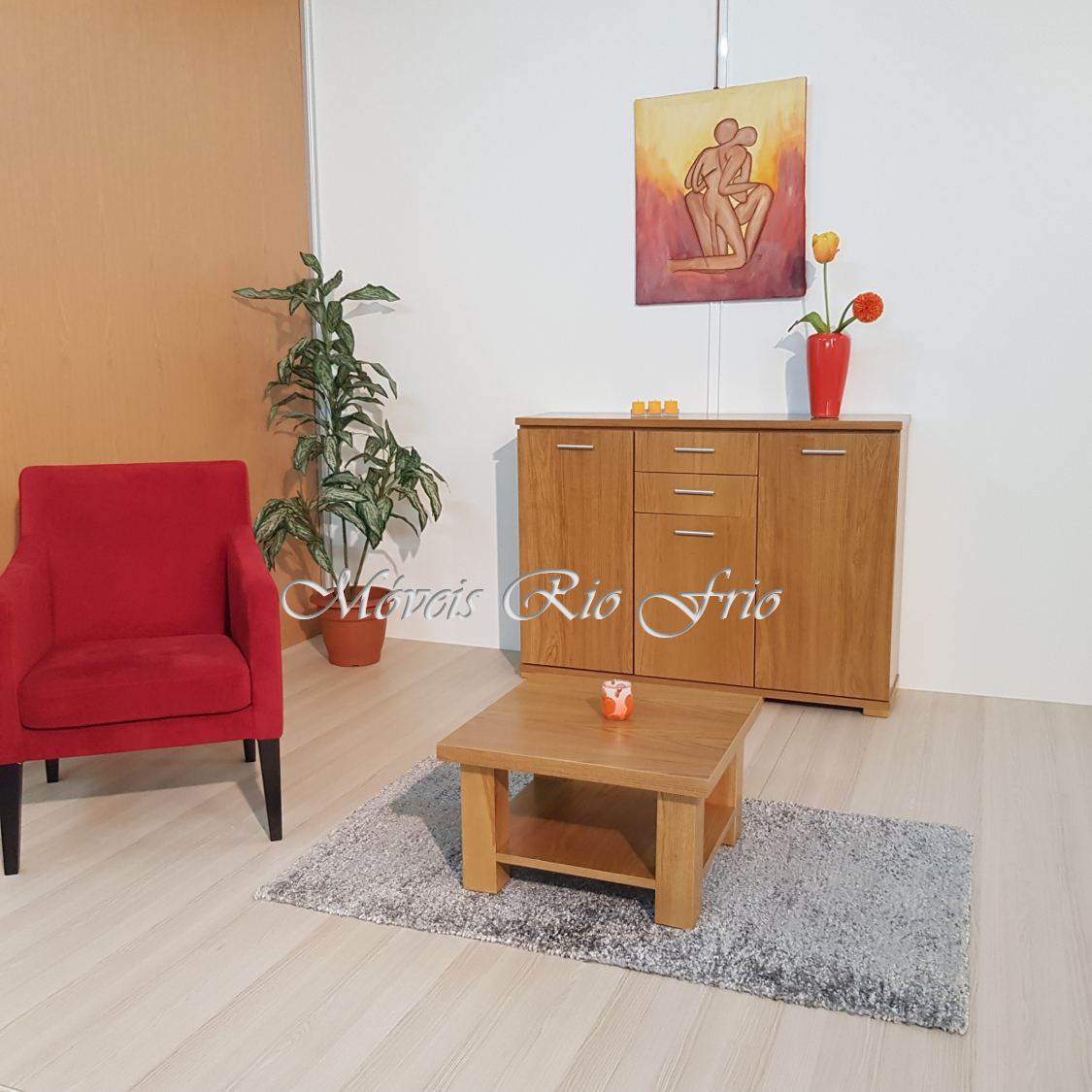 Sala com móvel de madeira clara, mesa de centro, poltrona vermelha, planta, tapete cinza, quadro colorido e jarro vermelho com flores