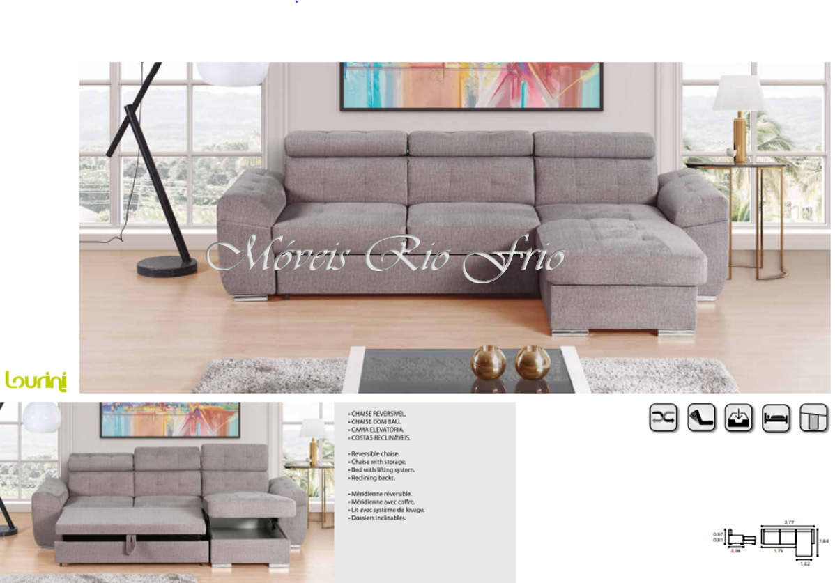 Sofá-cama cinzento com chaise longue e estofado acolchoado numa sala moderna