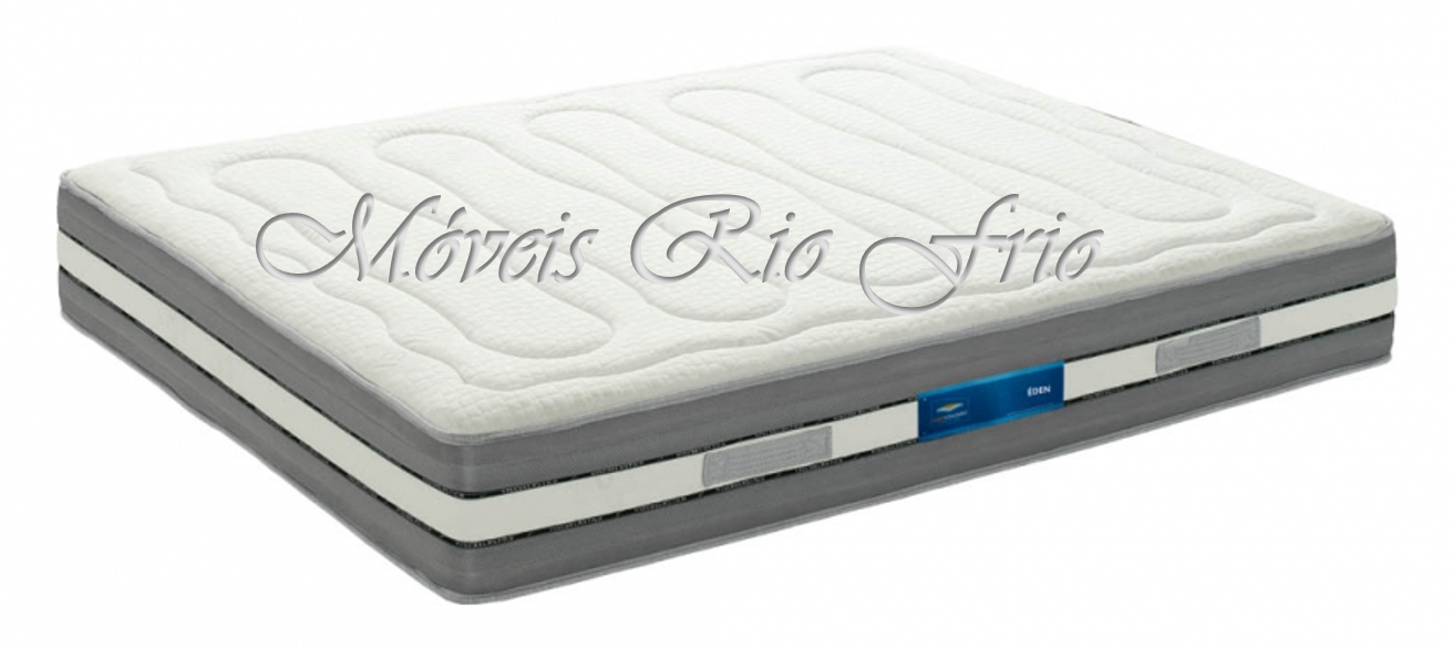 Colchão branco e cinzento com textura ondulada e etiqueta azul