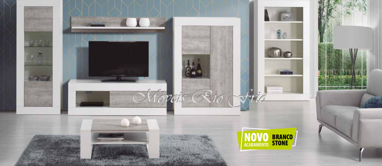 Conjunto de móveis de sala branco stone com estante, móvel TV, armário e prateleira em ambiente de sala moderna