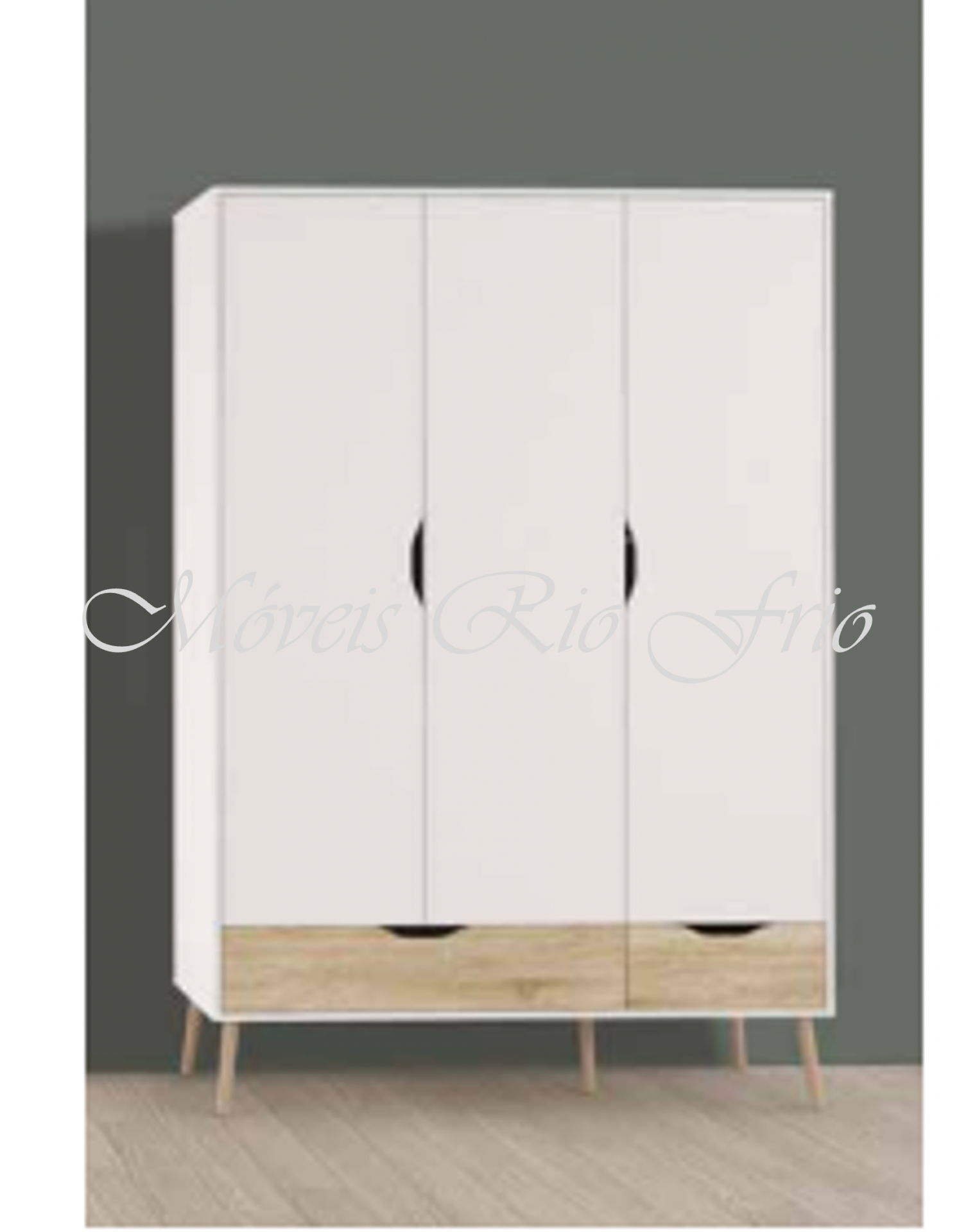 Roupeiro branco com gavetas de madeira clara e pernas inclinadas