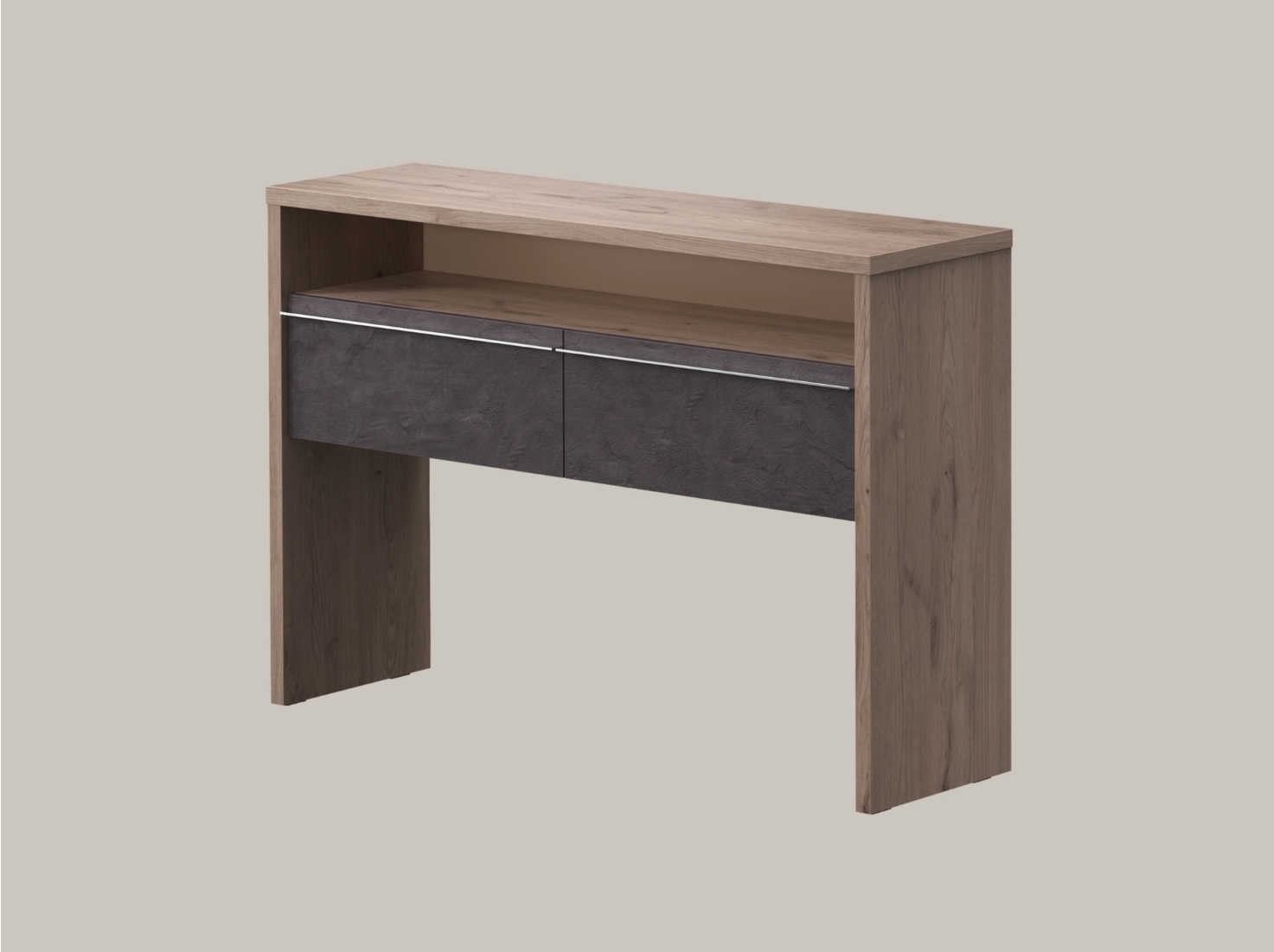 Móvel de madeira castanho claro com duas gavetas cinza escuras