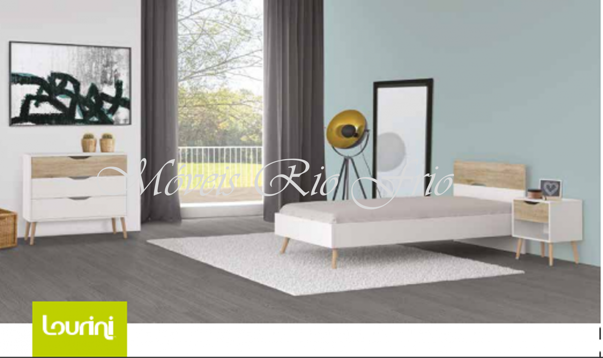 Quarto moderno com cama individual, cómoda, mesa de cabeceira, tapete branco e janela grande