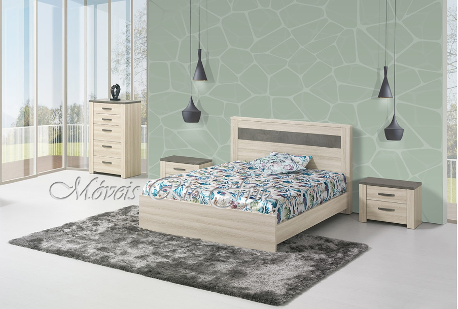 Quarto com cama de madeira clara e roupeiro, acessórios e decoração moderna